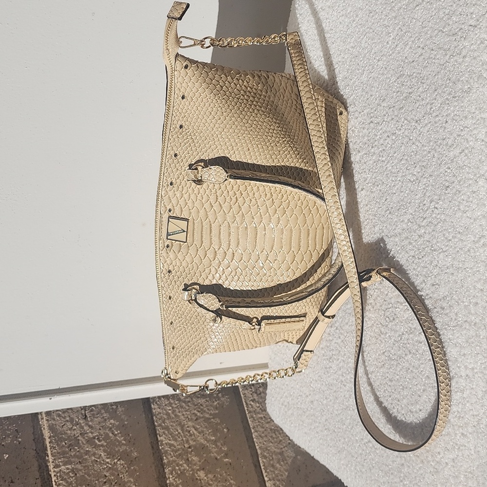 Victoria’s Secret tan reptile faux leather bag with gold hardware, mirror